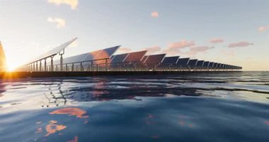 Yüzen güneş veya yüzen fotovoltaik 3D görüntüleme. May 'in adı Floatovoltaics, solar çiftliği, elektrik santrali veya güneş enerjisi santrali. Kürek paneli ve duba su üstünde. Temiz ve yeşil enerji.