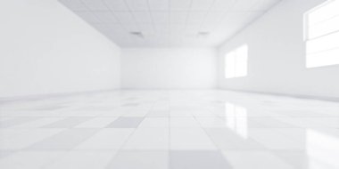 Odadaki bulanık arkaplan veya bulanık beyaz boşluğun 3d görüntülenmesi perspektif görünümlü fayans tabanı, pencere ışığını içerir. Modern lüks ev tasarımı oturma odası temiz, parlak, parlak görünüyor..