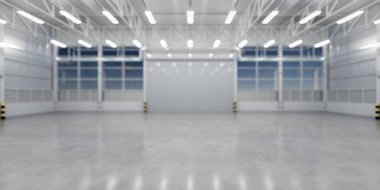 Görüntü endüstrisinin iç yapısının 3 boyutlu görüntüsü. Metal çelikten inşaat, beton zemin. Kepenk kapağı, paten panjuru, boş alan dahil. Modern fabrika, depo, arka plan için hangar kıyafeti.