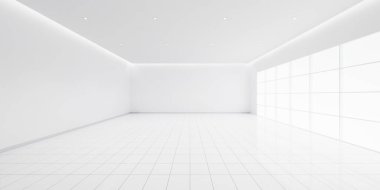 Beyaz boş uzay odasının 3 boyutlu görüntüsü, perspektif manzaralı beyaz fayans zemini, tavan lambası. Modern iç tasarım temiz görünüyor, zemin döşeme deseninin parlak yüzeyi arka plan için.