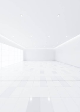 Odadaki bulanık arkaplan veya bulanık beyaz boşluğun 3d görüntülenmesi perspektif görünümlü fayans tabanı, pencere ışığını içerir. Modern lüks ev tasarımı oturma odası temiz, parlak, parlak görünüyor..