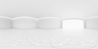 360 derecelik beyaz boş uzay odası panoraması. Döşeme, duvar, tavan, pencere ışığı dahil. Modern iç mimari arka plan için temiz, parlak, parlak bir yüzey gibi görünüyor..