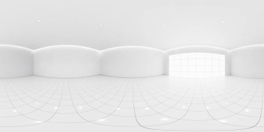 360 derecelik beyaz boş uzay odası panoraması. Döşeme, duvar, tavan, pencere ışığı dahil. Modern iç mimari arka plan için temiz, parlak, parlak bir yüzey gibi görünüyor..