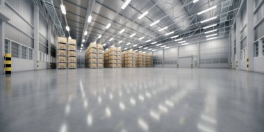 Depo endüstrisinin iç yapısını bulanık gösteriyor. Dağıtım merkezi olarak bilinir, perakende deposu. Rafta karton kutu, arka plan için beton zemin takımında boş alan.