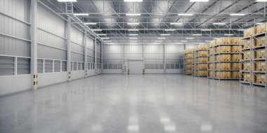 Depo endüstri binasının 3 boyutlu görüntüsü. Dağıtım merkezi olarak bilinir, perakende deposu. Rafta karton kutu, endüstriyel arkaplan için beton zemin takımında boş alan.