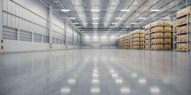 Depo endüstri binasının 3 boyutlu görüntüsü. Dağıtım merkezi olarak bilinir, perakende deposu. Rafta karton kutu, endüstriyel arkaplan için beton zemin takımında boş alan.