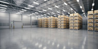 Depo endüstrisinin iç yapısını bulanık gösteriyor. Dağıtım merkezi olarak bilinir, perakende deposu. Rafta karton kutu, arka plan için beton zemin takımında boş alan.