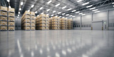 3d rendering blur background of warehouse industry building interior. known as distribution center, retail warehouse. Included cardboard box on shelf, empty space on concrete floor suit for background. clipart