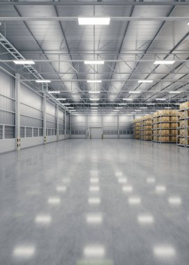 Depo endüstri binasının 3 boyutlu görüntüsü. Dağıtım merkezi olarak bilinir, perakende deposu. Rafta karton kutu, endüstriyel arkaplan için beton zemin takımında boş alan.