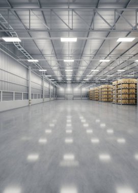 Depo endüstri binasının 3 boyutlu görüntüsü. Dağıtım merkezi olarak bilinir, perakende deposu. Rafta karton kutu, endüstriyel arkaplan için beton zemin takımında boş alan.