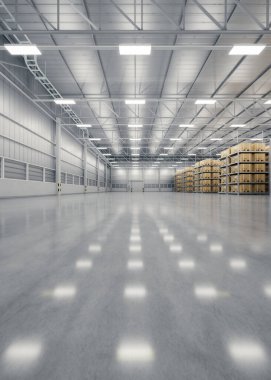 Depo endüstri binasının 3 boyutlu görüntüsü. Dağıtım merkezi olarak bilinir, perakende deposu. Rafta karton kutu, endüstriyel arkaplan için beton zemin takımında boş alan.