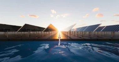 Yüzen güneş veya yüzen fotovoltaik 3D görüntüleme. May 'in adı Floatovoltaics, solar çiftliği, elektrik santrali veya güneş enerjisi santrali. Kürek paneli ve duba su üstünde. Temiz ve yeşil enerji.