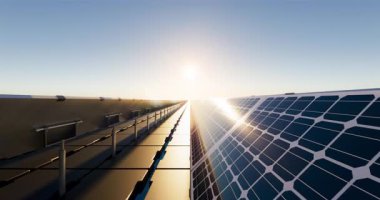 Yüzen güneş veya yüzen fotovoltaiklerin üç boyutlu görüntüleme videosu. May 'in adı Floatovoltaics, solar çiftliği, elektrik santrali veya güneş enerjisi santrali. Kürek paneli ve duba su üstünde. Temiz yeşil enerji.