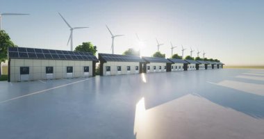 3D şarj istasyonu veya EV şarj aleti. Şarj etme noktası güneş paneli, beton zemin, türbin ve yeşil enerji kavramı veya arka plan için tıptan oluşur.