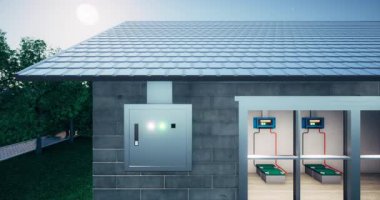 3D eko ev yapımı ve yeşil enerji güneş veya fotovoltaik kiremitler, elektrik kabini ve akü şarjından oluşuyor. Sistem teknolojisi geceleri elektrik enerjisi sağlıyor..