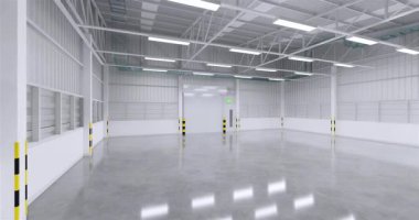 Fabrika, depo ya da sanayi binası. Paten kapısı ya da paten kepengi olan bir koruma. Beton zemin, metal duvar ve endüstriyel arka plan için boş alan ile modern iç tasarım. 3d hazırlayıcı.