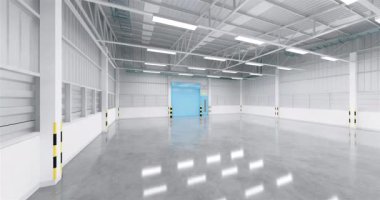 Fabrika, depo ya da sanayi binası. Paten kapısı ya da paten kepengi olan bir koruma. Beton zemin, metal duvar ve endüstriyel arka plan için boş alan ile modern iç tasarım. 3d hazırlayıcı.