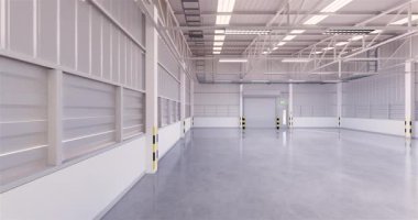 3D boş depo binası ve beton zemin ve kepenk kapağı taşıma tavası, kimse ürün sergisi için boş uzay giysisi, endüstriyel arka plan.