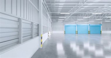 Fabrika, depo ya da sanayi binası. Paten kapısı ya da paten kepengi olan bir koruma. Beton zemin, metal duvar ve endüstriyel arka plan için boş alan ile modern iç tasarım. 3d hazırlayıcı.