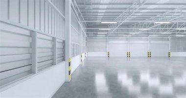 Fabrika, depo ya da endüstriyel bina içinde paten kapısı ya da paten panjuru. Cilalanmış beton zeminli modern iç tasarım ve ürün sergisi için boş alan, endüstri arka planı. 3d hazırlayıcı.