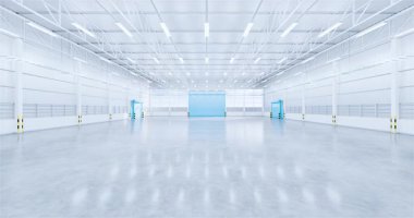 Fabrika, depo ya da sanayi binası. Paten kapısı ya da paten kepengi olan bir koruma. Beton zemin, metal duvar ve endüstriyel arka plan için boş alan ile modern iç tasarım. 3d hazırlayıcı.