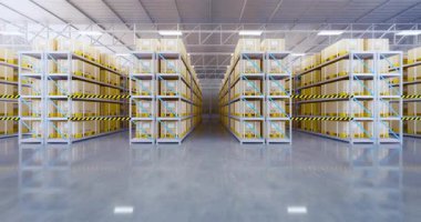 Depo ya da endüstri binası. Dağıtım merkezi olarak bilinir, perakende deposu. Depolama ve nakliye sisteminin bir parçası. Perspektif manzaralı ve beton zeminli raftaki kutu dahil. 3d hazırlayıcı.