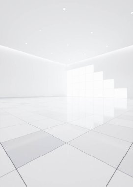 Odadaki bulanık arkaplan veya bulanık beyaz boşluğun 3d görüntülenmesi perspektif görünümlü fayans tabanı, pencere ışığını içerir. Modern lüks ev tasarımı oturma odası temiz, parlak, parlak görünüyor..