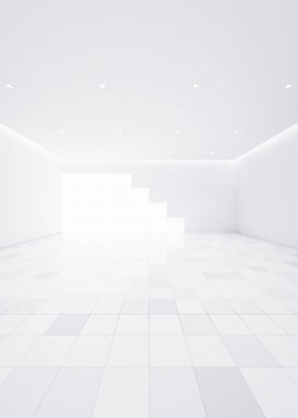 Odadaki bulanık arkaplan veya bulanık beyaz boşluğun 3d görüntülenmesi perspektif görünümlü fayans tabanı, pencere ışığını içerir. Modern lüks ev tasarımı oturma odası temiz, parlak, parlak görünüyor..