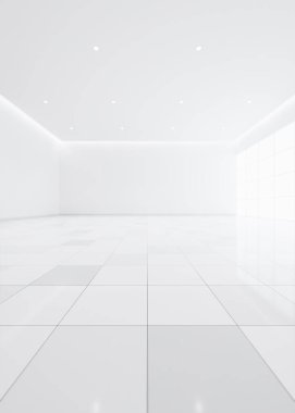 Odadaki bulanık arkaplan veya bulanık beyaz boşluğun 3d görüntülenmesi perspektif görünümlü fayans tabanı, pencere ışığını içerir. Modern lüks ev tasarımı oturma odası temiz, parlak, parlak görünüyor..