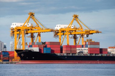 Kargo gemisi kargo konteynırı, Bangkok, Tayland 'da liman, liman veya limanda vinçle birlikte çalış. Konsept iş endüstrisi. nakliye, lojistik, küresel ticaret, nakliye, ihracat.