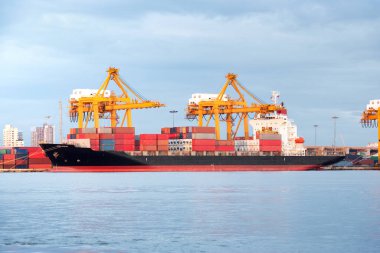 Kargo gemisi kargo konteynırı, Bangkok, Tayland 'daki liman, liman veya limanda vinçle birlikte çalış. Konsept iş endüstrisi. nakliye, lojistik, ticaret, nakliye ve ihracat.