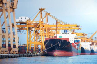 Büyük bir vinç ve kargo gemisi kargo konteynırı ve Tayland 'ın Bangkok limanına yanaşmış. Ticari taşımacılık, lojistik, uluslararası küresel ticaret, nakliye, ithalat sanayii.