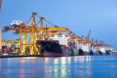 Gantry vinci ya da vinç iskelesi alacakaranlıkta büyük bir kargo gemisinde kargo konteynırıyla çalışıyor. Jaopraya nehrinin yanında, Tayland 'ın Bangkok' unda. Ulaşım, küresel ticaret ve ihracat kavramı.