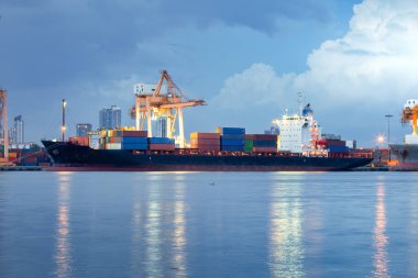 Büyük bir vinç ve kargo gemisi kargo konteynırı ve Tayland 'ın Bangkok limanına yanaşmış. Ticari taşımacılık, lojistik, uluslararası küresel ticaret, nakliye, ithalat sanayii.