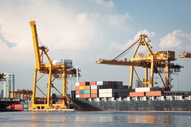 Büyük bir vinç ve kargo gemisi kargo konteynırı ve Tayland 'ın Bangkok limanına yanaşmış. Ticari taşımacılık, lojistik, uluslararası küresel ticaret, nakliye, ithalat sanayii.