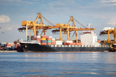 Büyük bir vinç ve kargo gemisi kargo konteynırı ve Tayland 'ın Bangkok limanına yanaşmış. Ticari taşımacılık, lojistik, uluslararası küresel ticaret, nakliye, ithalat sanayii.