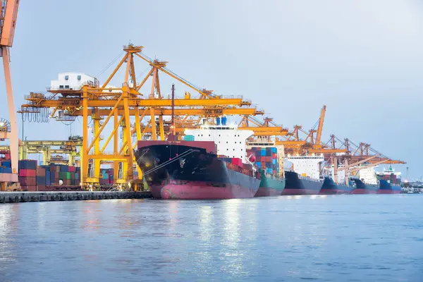 Büyük bir vinç ve kargo gemisi kargo konteynırı ve Tayland 'ın Bangkok limanına yanaşmış. Ticari taşımacılık, lojistik, uluslararası küresel ticaret, nakliye, ithalat sanayii.
