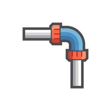 90 derecelik açıyla boru montajı veya bağlantı vektör renk simgesi, PE, HDPE boruları için sıkıştırma tipi. Tesisat, tarımsal sulama ve yeraltı elektrik kanallarında kullanılır..