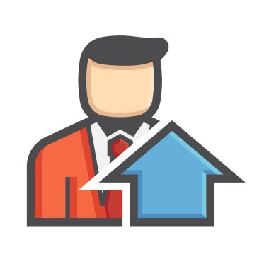 Emlakçı vektör ikonu. İnsan ve ev, emlak satışlarını, satın almayı ve emlak piyasasındaki müşteri hizmetlerini temsil ediyor. Gayrimenkul işi, emlak yatırımı, konut işlemleri için ideal.