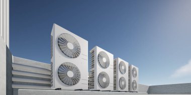 Isı havalandırma makinesinin 3D görüntüsü, havalandırma havalandırma sisteminin bir parçası. Modern binalarda iklim kontrolü ve hava dolaşımı için gerekli altyapı.