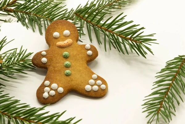 Gingerbread Man Cookies Decorated Royal Icing Icing Sugar Fir Branh — Stock Photo, Image