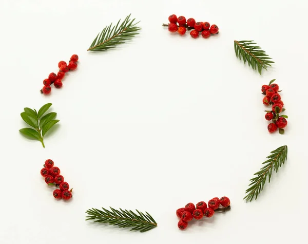 Weihnachtskomposition Mit Grußkarte Rahmen Aus Tannenzweigen Roten Beeren Auf Weißem — Stockfoto