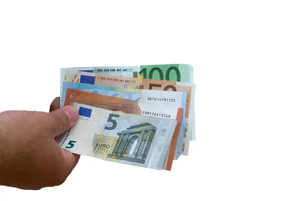 Mano Sosteniendo Euro Dinero Aislado Sobre Fondo Blanco Banner Cubierta —  Fotos de Stock