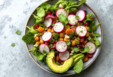 Avokado ve turplu bir salatanın üst görüntüsü.