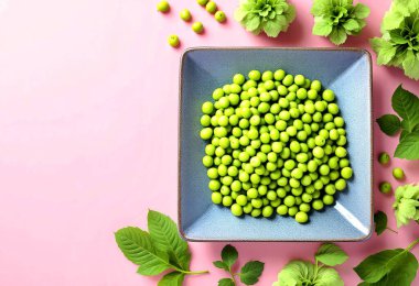 Green fresh soybeans on gray square plate on pink background. Healthy food concept flat lay with coppy space. Top view. clipart