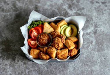 İçinde kızarmış tavuk ya da tofu, dilimlenmiş domates ve sos olan bir bento kutusu. Arka plan gri bir yüzey.