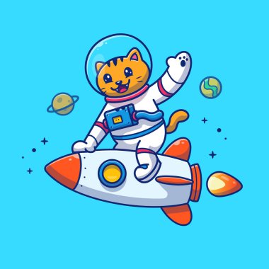 Şirin Kedi Astronot Roket Binen Roket Çizgi Filmi Vektör Simgesi Çizimi. Hayvan Teknolojisi Simgesi İzole edilmiş Premium Vektörü. Düz Çizgi Film Biçimi