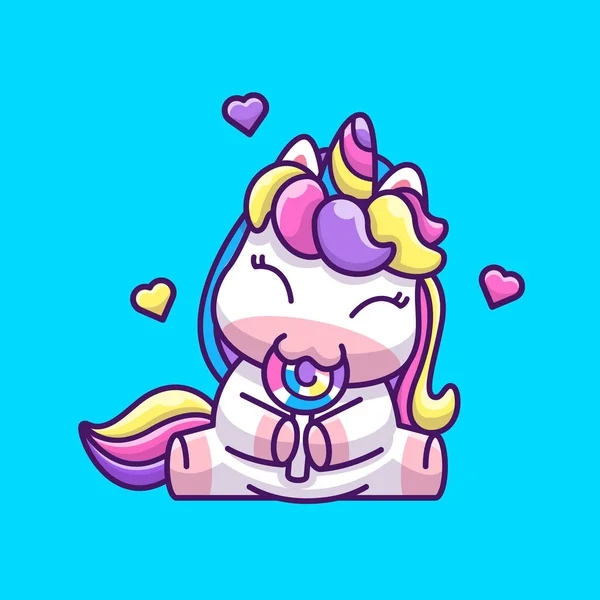 Cute Unicorn Eating Lollipop Candy Cartoon Vector Icon Illustration. Animal Food Icon Concept Isolated Premium Vector. Flat Cartoon Style