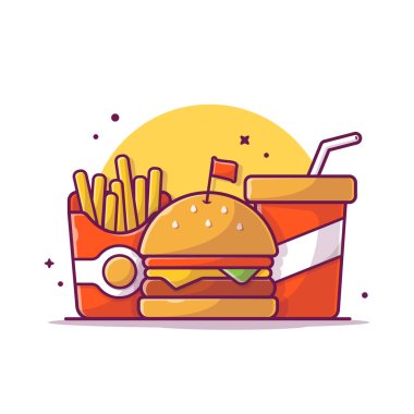 Burger, French fries And Soft Drink Cartoon Vector Icon Illustration. Food Object Icon Concept Isolated Premium Vector. Flat Cartoon Style
