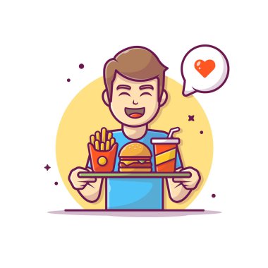Man Bringing Tray With Burger, French Fries, And Soft Drink And Love Speech Bubble Cartoon Vector Icon Illustration. People Food Icon Concept Isolated Premium Vector. Flat Cartoon Style